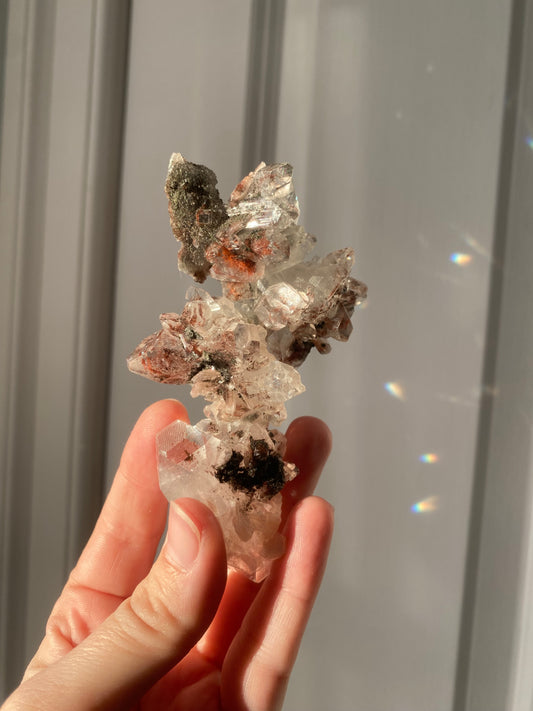 Diamond Apophyllite Stalactite w/ Black Chalcedony, Hematite, Stilbite