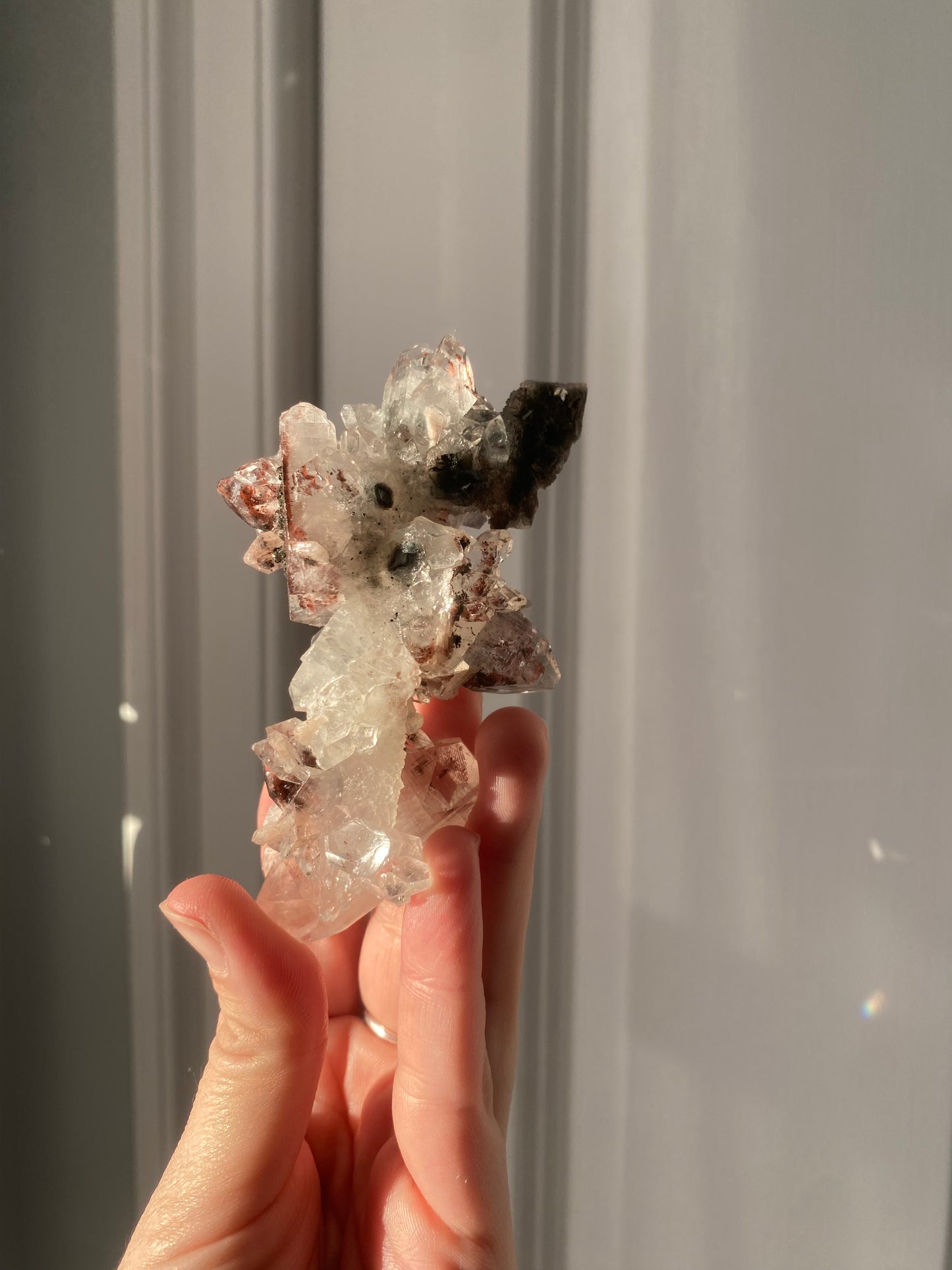 Diamond Apophyllite Stalactite w/ Black Chalcedony, Hematite, Stilbite