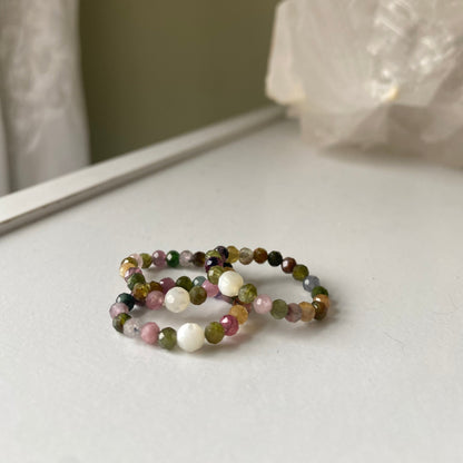 Rainbow Tourmaline w/ Mother of Pearl Stackable Stretch Ring