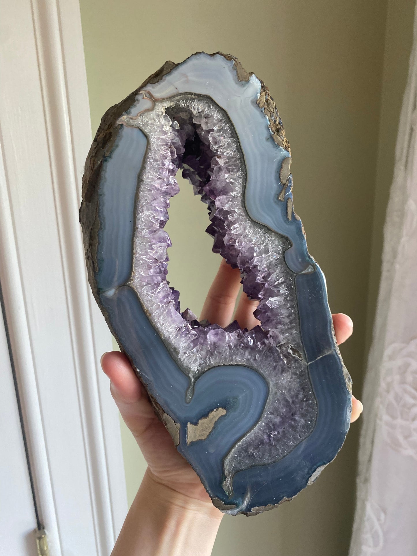 XXL Brazilian Amethyst Portal w/ Banded Agate on Custom Stand