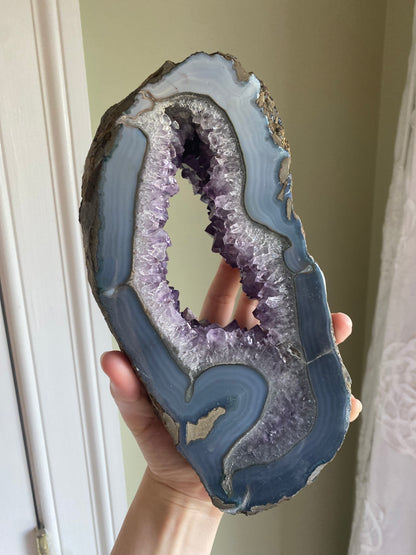 XXL Brazilian Amethyst Portal w/ Banded Agate on Custom Stand
