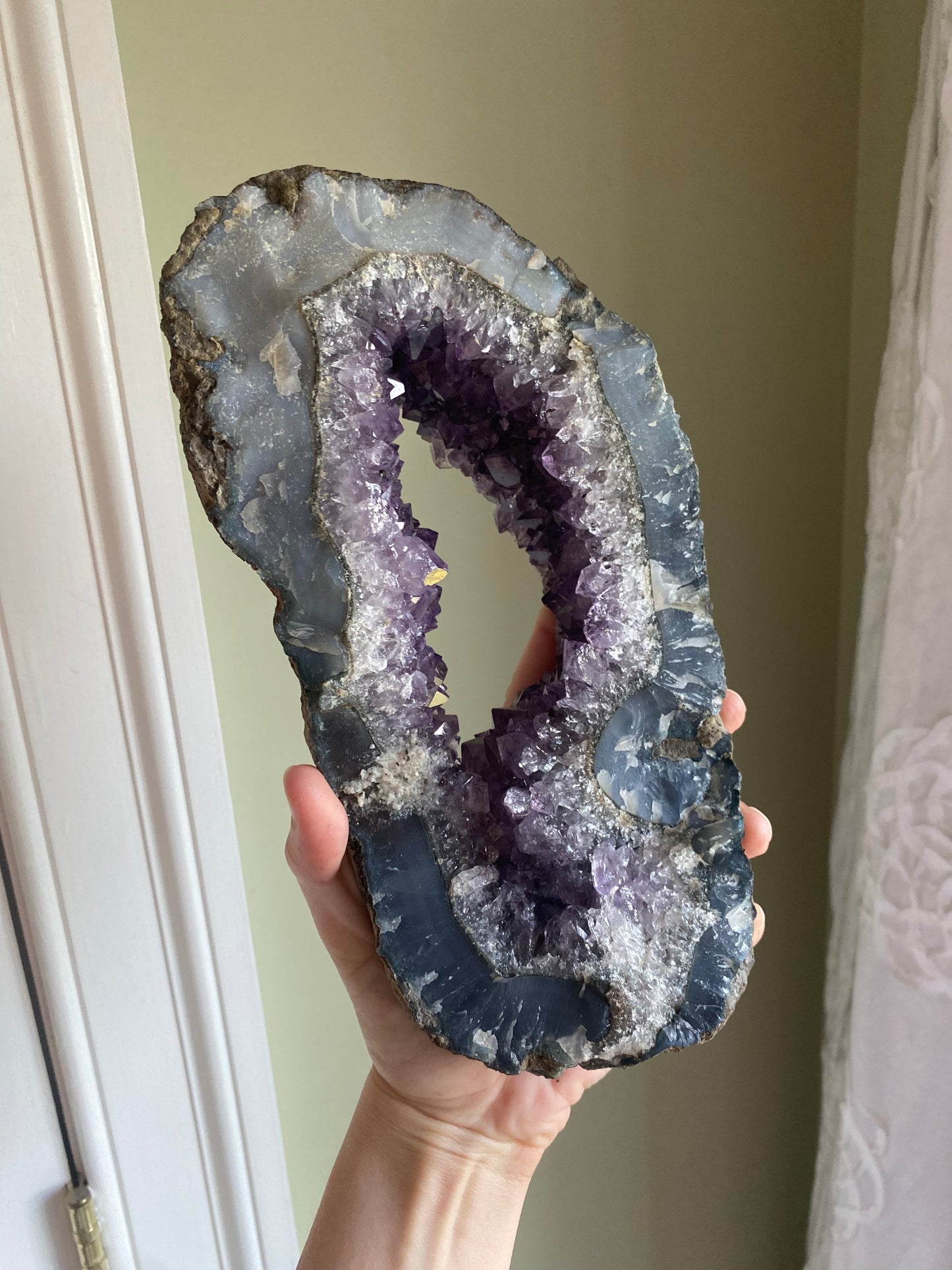 XXL Brazilian Amethyst Portal w/ Banded Agate on Custom Stand
