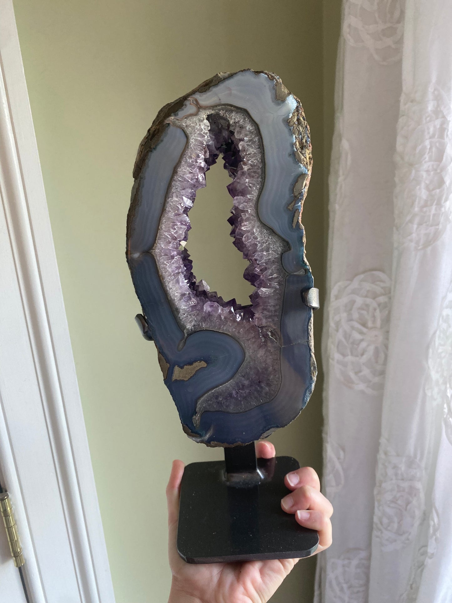 XXL Brazilian Amethyst Portal w/ Banded Agate on Custom Stand