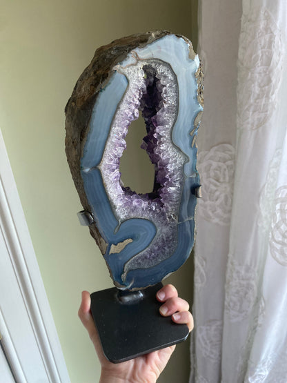 XXL Brazilian Amethyst Portal w/ Banded Agate on Custom Stand