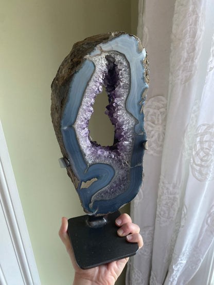 XXL Brazilian Amethyst Portal w/ Banded Agate on Custom Stand