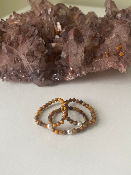 Hand Made Faceted Tiger's Eye w/ Silver Stackable Stretch Ring