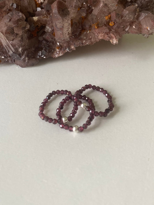 Hand Made Faceted Garnet w/ Silver Stackable Stretch Ring