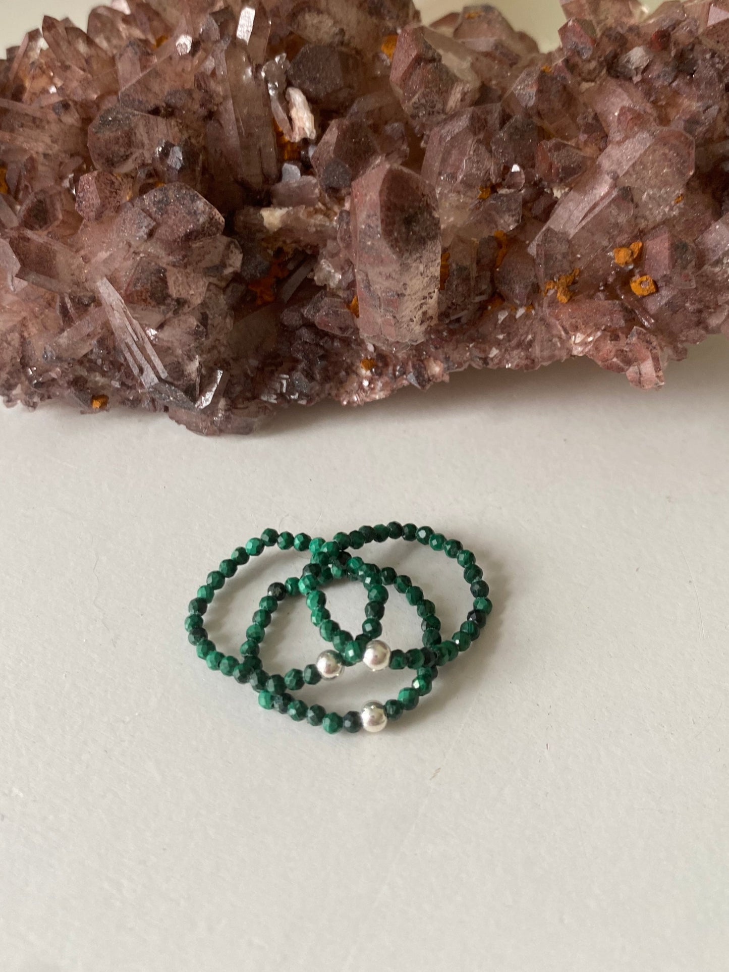 Hand Made Faceted Malachite w/ Silver Stackable Stretch Rings