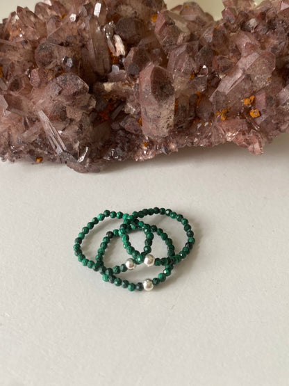 Hand Made Faceted Malachite w/ Silver Stackable Stretch Rings