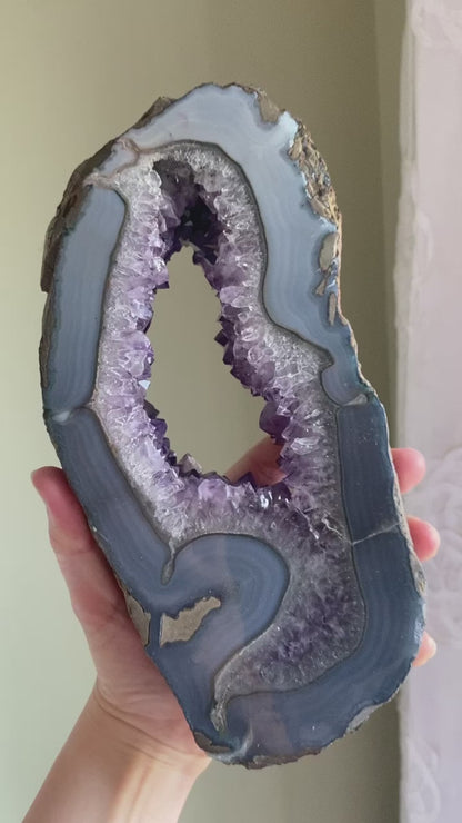 XXL Brazilian Amethyst Portal w/ Banded Agate on Custom Stand